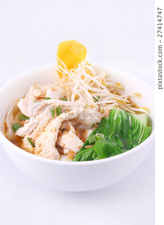 Chicken clear noodle soup with wonton. 27414747