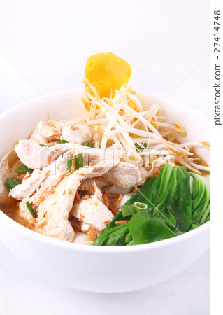 Chicken clear noodle soup with wonton. 27414748