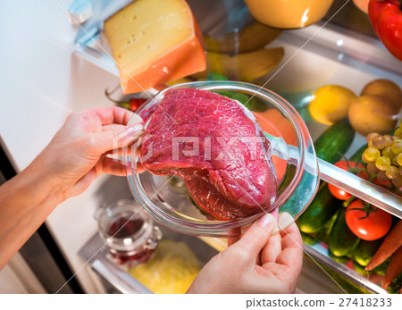 Fresh raw meat on a shelf open refrigerator Fresh raw meat on a shelf open refrigerator 27418233