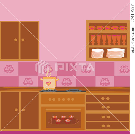 interior kitchen room in brown and pink tones. 27419557