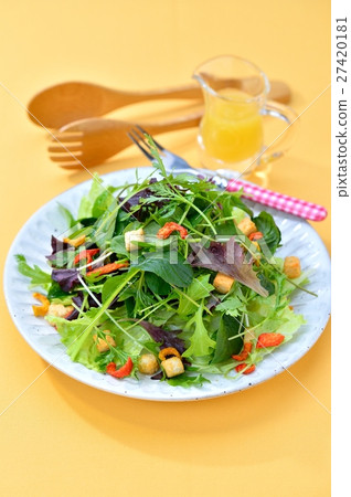 嬰兒葉沙拉。油煎麵包塊和乾辣椒粉洋蔥。測序儀敷料。下面的生菜。 27420181