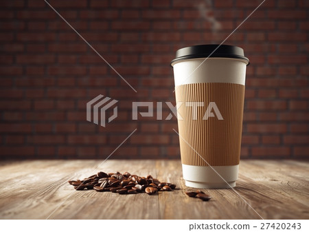 Paper cup of coffee with coffee beans 27420243