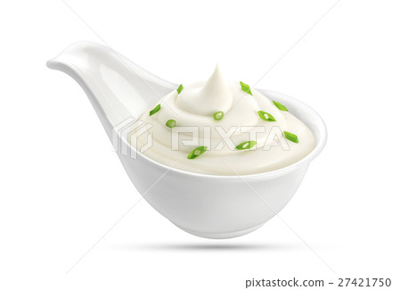 Bowl of sour cream and onion isolated on white Bowl of sour cream and onion isolated on white 27421750