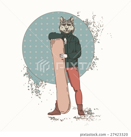 Cartoon Wolf Hipster With Snowboard Retro Abstract Cartoon Wolf Hipster With Snowboard Retro Abstract 27423320