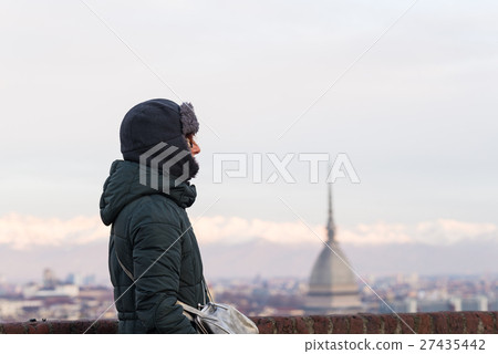 Tourist looking at panoramic view of Turin, Italy. 27435442