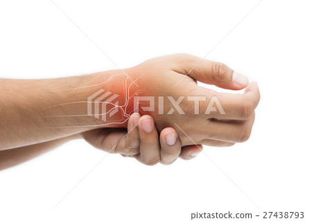 Man massaging painful wrist on a white background Man massaging painful wrist on a white background 27438793