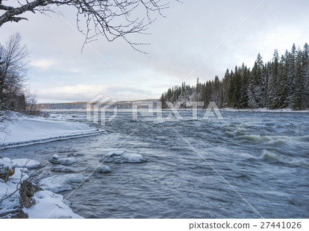 Tannoforsen waterfall in Sweden in winter 27441026