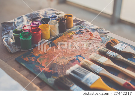 Painter workplace. Palette with brushstrokes and Painter workplace. Palette with brushstrokes and 27442217