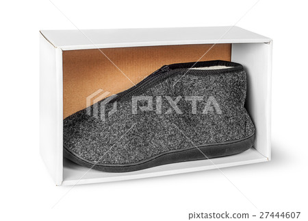 Single slipper in white cardboard box 27444607