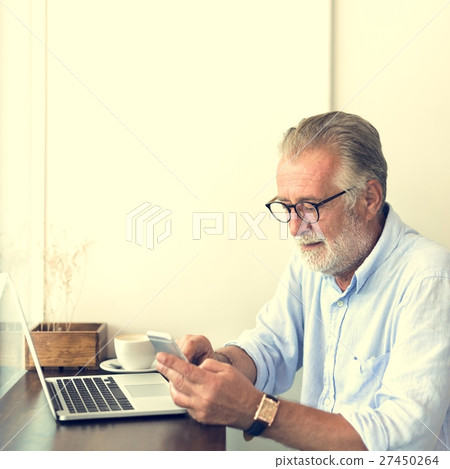 Senior Man Coffee Shop Communication Connection Technology Conce Senior Man Coffee Shop Communication Connection Technology Conce 27450264