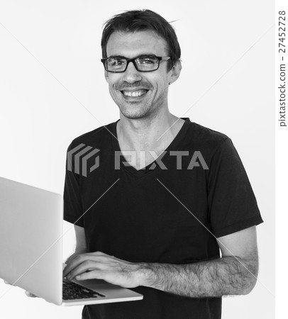 Male Holds Laptop Technology Concept 27452728