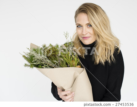 Cheerful Woman Flower Beautiful Casaul Pretty Concept 27453536