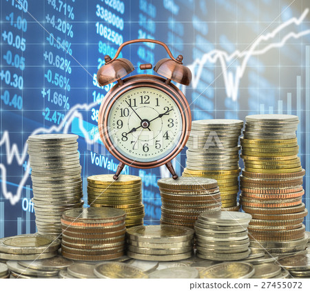 stacks of coins step thai baht with the vintage clock over the LED display Stock market exchange data background, Business investment and trading concept stacks of coins step thai baht with the vintage clock over the LED display Stock market exchange data background, Business investment and trading concept 27455072