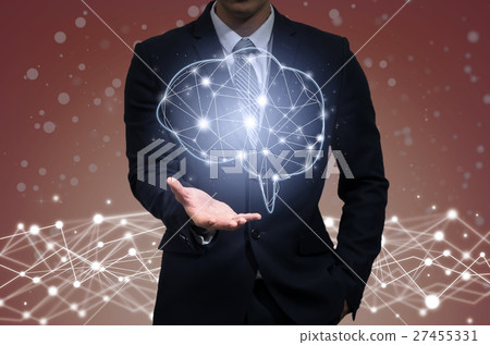 Businessman hand holding the brain over the network connection on dark background, technology and healthty concept 27455331