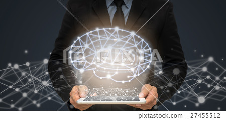 Businessman holding the tablet showing the brain over the network connection futuristic background, technology and healthry concept Businessman holding the tablet showing the brain over the network connection futuristic background, technology and healthry concept 27455512