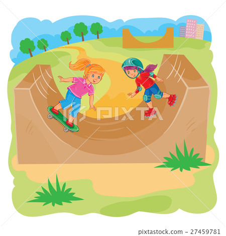 Two girls ride using rollerblades and skateboard Two girls ride using rollerblades and skateboard 27459781