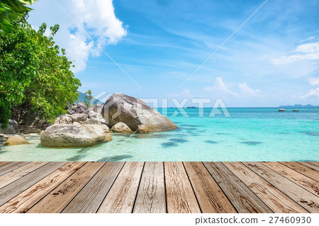 Wooden table top on scene andaman crystal sea 27460930