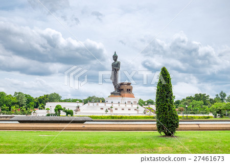 Buddha black statue standing in green decoration 27461673