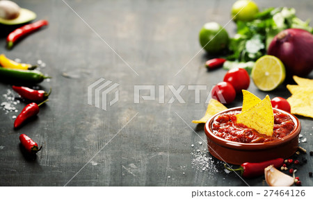 Fresh salsa dips with nachos chips 27464126