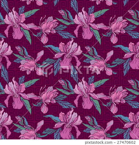 Seamless pattern with orchid flowers on violet 27470602