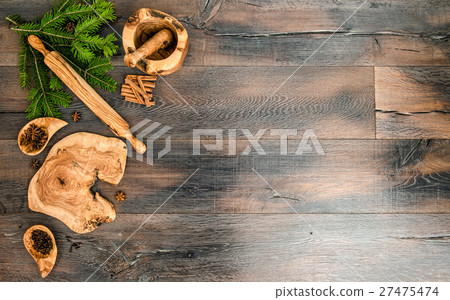 Christmas tree branches with spices baking tools Christmas tree branches with spices baking tools 27475474