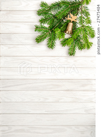 Christmas tree branches wooden background 27475484