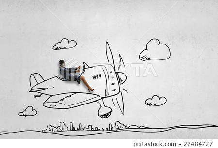 Woman pilot in drawn airplane 27484727