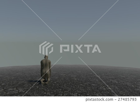 One man kneeling in a desert with cracked soil 3d 27485793
