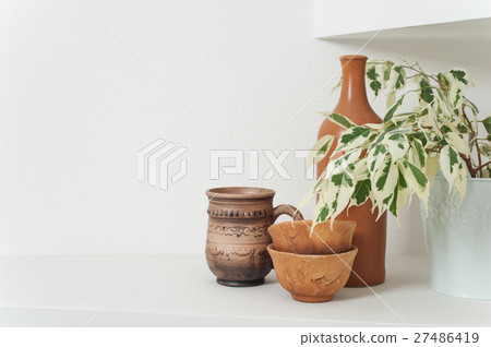 Handmade clay bottle, bowls and mug 27486419