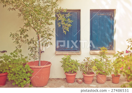 Blue wooden windows, flower pots Blue wooden windows, flower pots 27486531