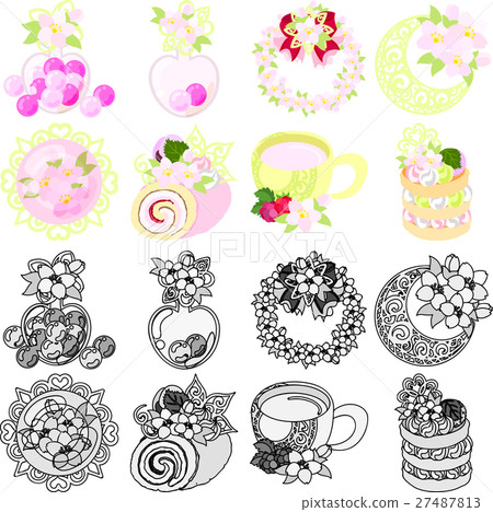 Cute cherry icons such as candy, lease, jewelry, roll cake, latte and pancake Cute cherry icons such as candy, lease, jewelry, roll cake, latte and pancake 27487813