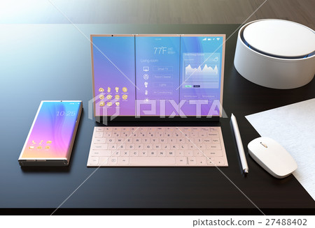 A screen for controlling smart home appliances is displayed on the tablet PC A screen for controlling smart home appliances is displayed on the tablet PC 27488402
