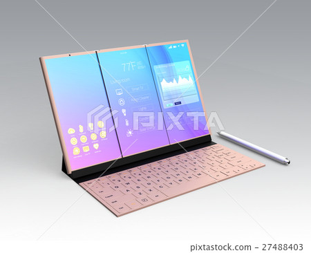 A foldable smartphone is deployed, docked to the keyboard and used like a laptop A foldable smartphone is deployed, docked to the keyboard and used like a laptop 27488403