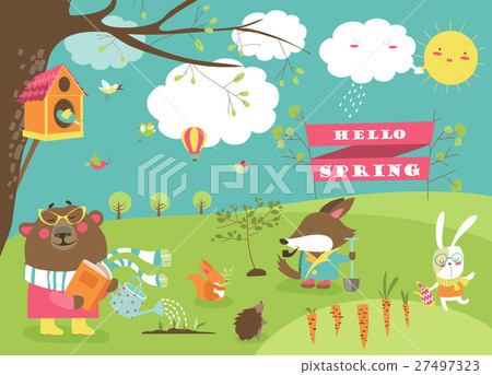 Cute animals in spring forest - Stock Illustration [27497323] - PIXTA