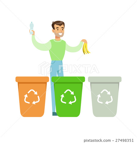 Man Throwing Banana Skin In One Of Three Recycling Man Throwing Banana Skin In One Of Three Recycling 27498351