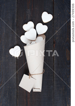 Packaged white cookies-hearts with icing 27499306