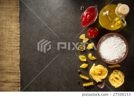pasta and food ingredient on table pasta and food ingredient on table 27500153