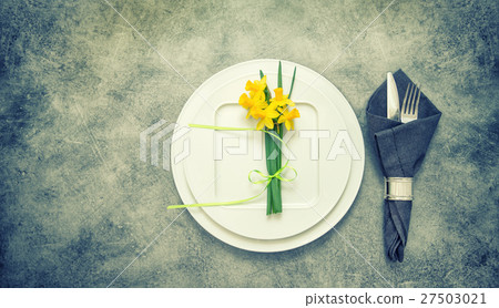 Table top with cutlery, napkin, spring flowers Table top with cutlery, napkin, spring flowers 27503021