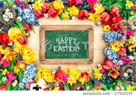 Spring flowers easter eggs. Tulips, narcissus 27503145