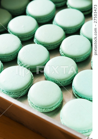 Rows of Macaroons in tray,close up 27503473