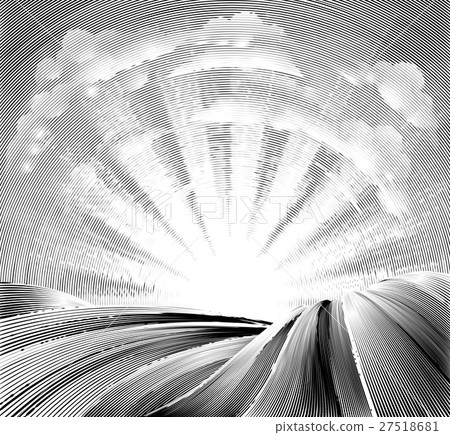 Fields Rolling Hills and Sun Woodcut 27518681