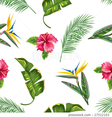 Seamless pattern with tropical leaves and flowers 27522103