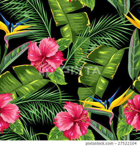 Stock Illustration: Seamless pattern with tropical leaves and flowers