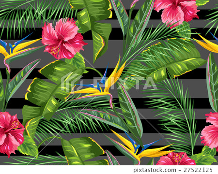 Stock Illustration: Seamless pattern with tropical leaves and flowers