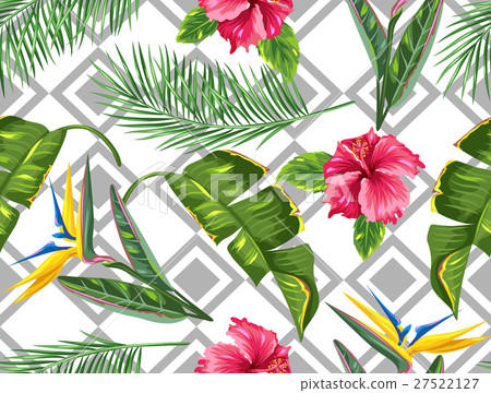 Stock Illustration: Seamless pattern with tropical leaves and flowers