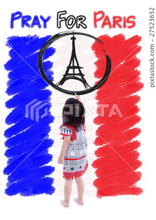 Girl painting Eiffel Tower logo. Pray for Paris. 27523652