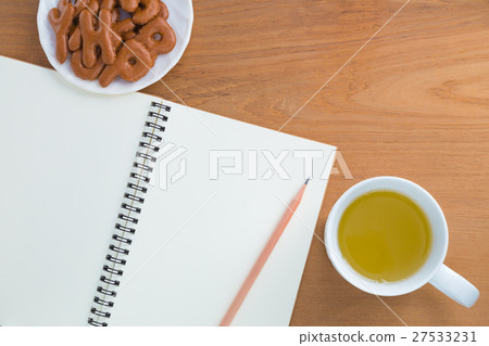 Blank notebook, pencil, drink, snack 27533231