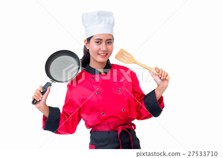 chef woman in red uniform holding cooking utensils 27533710