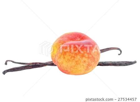 composition  vanilla pods with ripe peach isolated 27534457