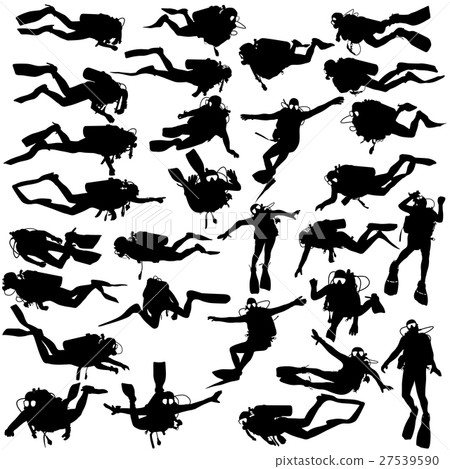 Set black silhouette scuba divers. Vecto 27539590
